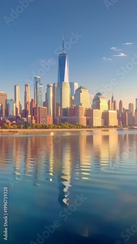 Lower Manhattan Skyline Reflection on Hudson River at Sunset
