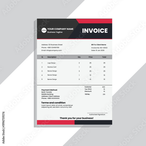 A modern and professional invoice template design featuring a clean layout, minimal typography, and corporate branding style. This design is ideal for businesses, freelancers, agencies, and startups l
