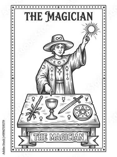 The Magician card, featuring a mystical figure with wand, chalice, sword, pentacle, and radiant symbol sketch engraving generative ai vector illustration. Scratch board imitation. Black and white.
