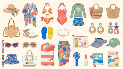 Summer Beach Fashion Accessories Flat Lay Illustration Set. Swimsuit Straw Hat Sunglasses Bag Sandals Trendy Style Collection. Modern Vector for Fashion, Social Media, Blog