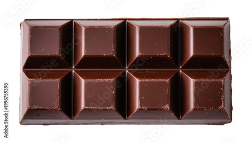 Dark chocolate bar with eight segments, isolated on transparent background