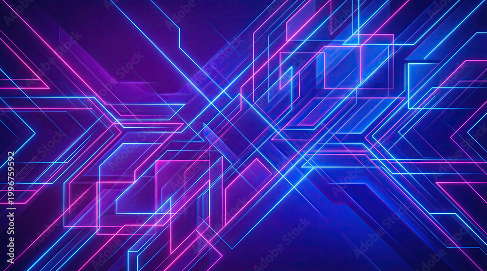 Fototapeta premium Vibrant neon lines intersect in a futuristic digital artwork with glowing blue and pink circuits on a dark background.