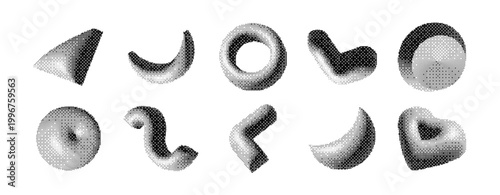 Y2k dithered geometric shapes set isolated on white background. Vector illustration of retro 3d torus, heart, circle, cone elements with soft shadows, trendy halftone dot models with raster effect