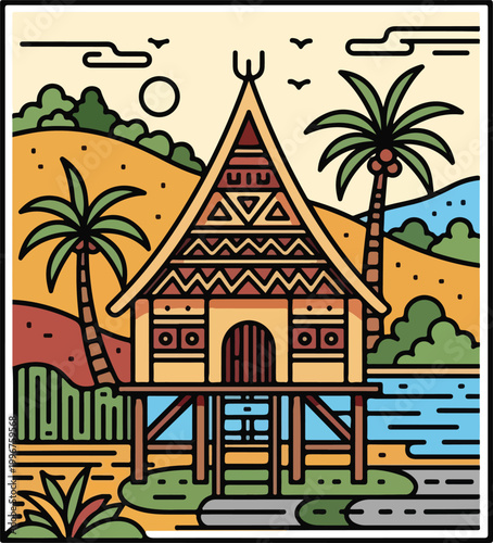Traditional tropical stilt house illustration in a vibrant flat vector art style.