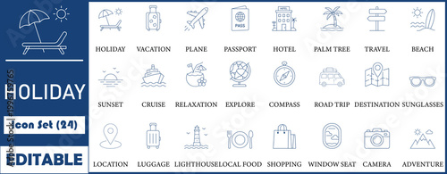 Holiday icon set. Containing vacation, plane, passport, hotel, palm tree, travel, beach, sunset, Cruise and more. Solid vector icons collection.