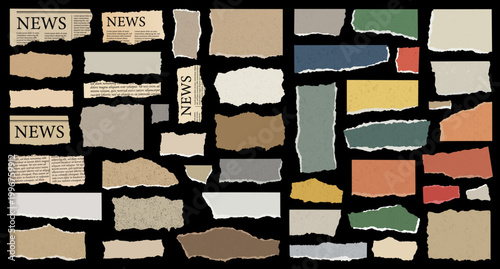 Vintage Torn Paper Scraps Collection - Grunge Newspaper Pieces and Colored Textured Paper Cutouts on Black Background