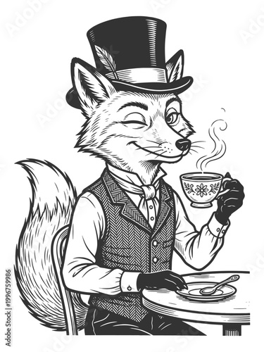 elegant anthropomorphic fox in a top hat, sipping tea at a table with charming vintage style sketch engraving generative ai vector illustration. Scratch board imitation. Black and white image.
