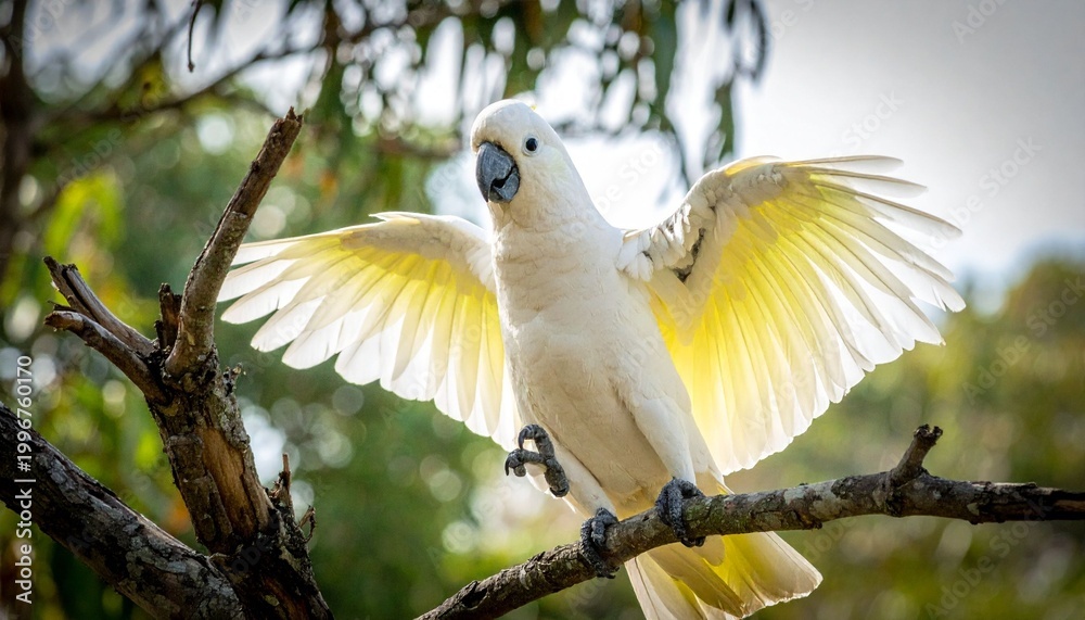 Fototapeta premium White cockatoo spreading wings on branch