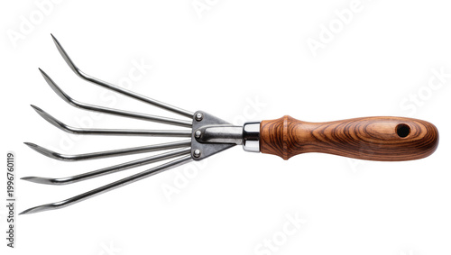 Metal garden rake with curved tines and wooden handle, isolated on transparent background