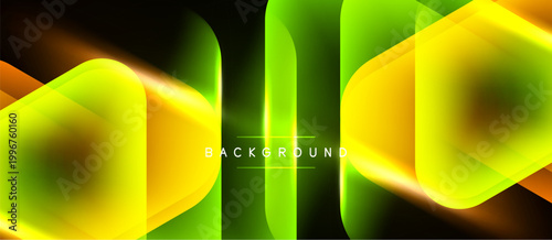 Abstract neon shapes overlap, creating vibrant green, yellow gradients. Dark background emphasizes glowing forms, modern design element.