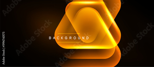Abstract glowing layers create dynamic orange hexagon shape. Dark background emphasizes bright neon effect, modern design element.