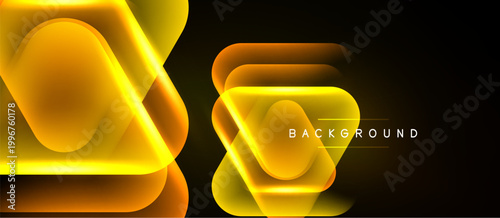 Abstract neon squares overlap, creating glowing layers. Dark background emphasizes bright orange, yellow hues. Modern design element.