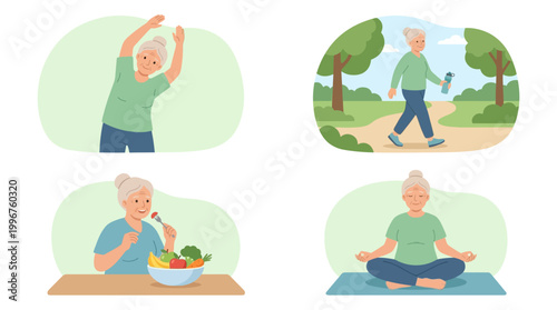 Grandma Healthy Lifestyle Color Vector Set – 4 Active Senior Wellness Illustrations in Clean Grid