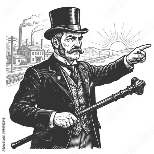 stern Victorian industrialist with cane, pointing ahead near smokestacks, rail lines, and a rising sun sketch engraving generative ai vector illustration. Scratch board imitation. Black and white.