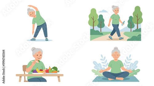 Grandma Healthy Lifestyle Color Vector Set – 4 Active Senior Wellness Illustrations in Clean Grid