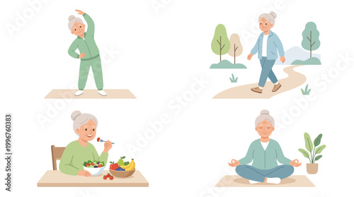 Grandma Healthy Lifestyle Color Vector Set – 4 Active Senior Wellness Illustrations in Clean Grid