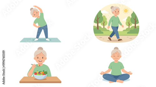 Grandma Healthy Lifestyle Color Vector Set – 4 Active Senior Wellness Illustrations in Clean Grid
