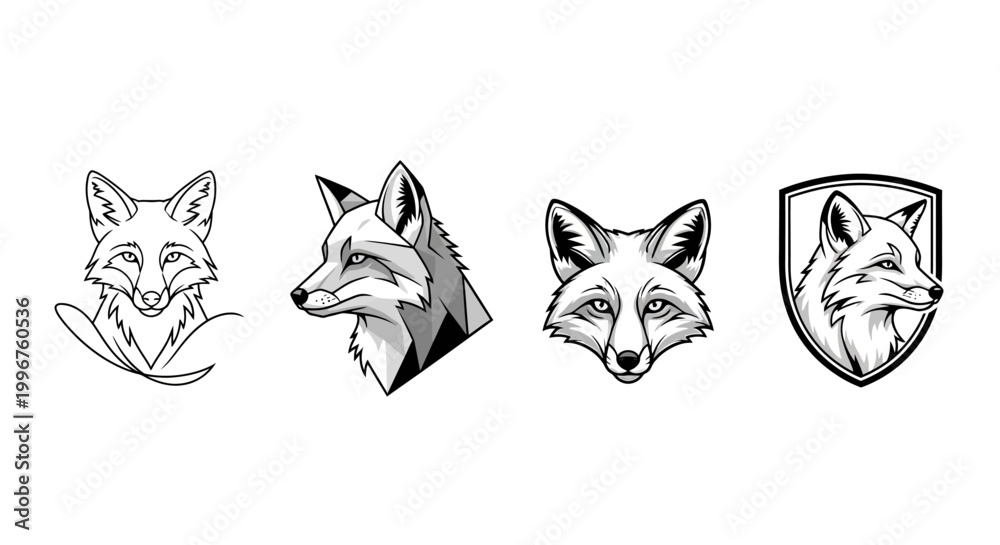 Fototapeta premium Fox Head Illustrations - A Collection of Detailed Line Art Designs.