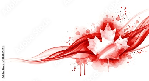 Vibrant canadian flag maple leaf design with red watercolor splashes on white