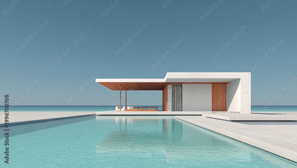 Fototapeta premium Modern seaside villa with infinity pool, blue water, and clear skies