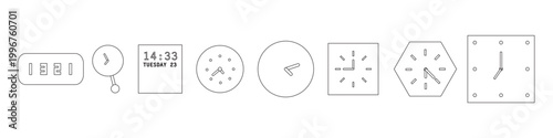 Minimalist clock faces collection with various hand and number styles. Vector icon. Variety of clock designs in simple black outline, vector illustration.