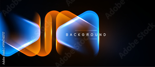 Abstract neon lines create dynamic shapes against dark backdrop. Bright orange, blue hues blend, forming modern design element.