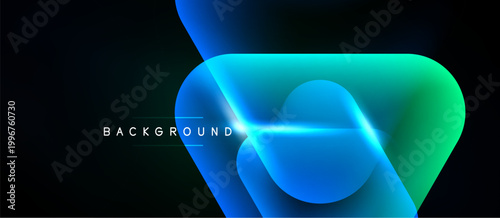 Abstract design features flowing blue, turquoise shapes over black background. Gradient colors create dynamic visual effect. Text reads BACKGROUND.
