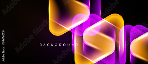 Abstract neon layers create dynamic visual effect. Orange, purple hues blend, forming modern background design. Smooth gradients, flowing shapes present.