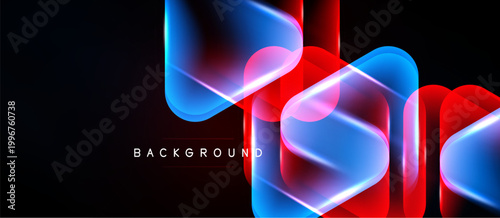 Abstract neon shapes overlap, creating vibrant blue, red glow. Dark background emphasizes luminosity, modern design element.