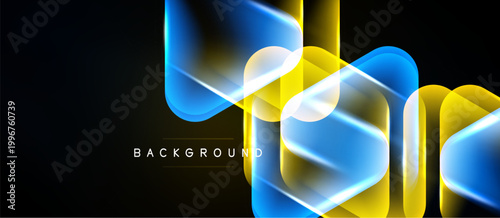 Abstract neon lines overlap, creating dynamic geometric shapes. Bright blue, yellow hues contrast dark background. Modern design element.