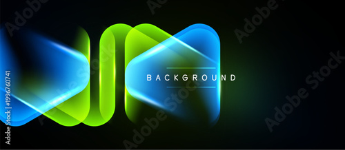 Abstract neon shapes overlap, creating vibrant light effects. Dark background emphasizes glowing blue, green hues. Modern design element.