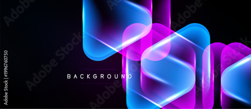 Abstract neon shapes overlap dark background. Vibrant blue, pink hues create dynamic visual effect. Modern design element.