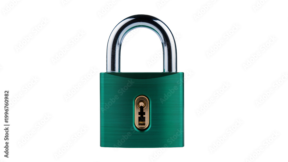 Naklejka premium Green metal padlock with chrome shackle, isolated on transparent background