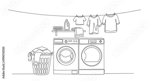 Continuous line art illustration of a home laundry room