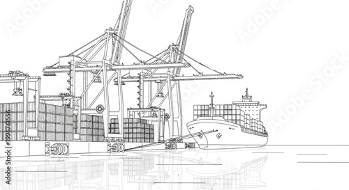 Container ship and gantry cranes at industrial port line art