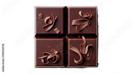 Foto Dark chocolate squares with curls and chips, isolated on transparent background
