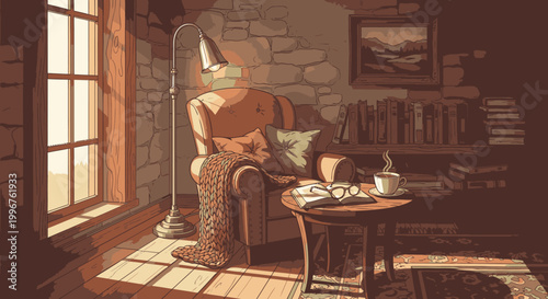 Cozy reading nook with armchair and books in warm sunlight