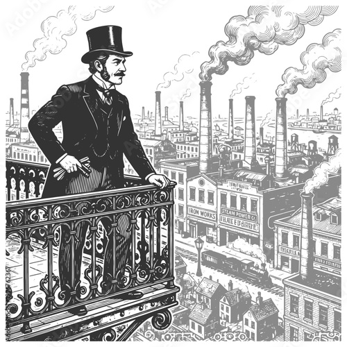 Victorian gentleman standing on a balcony above a sprawling industrial city filled with smokestacks and factories sketch engraving generative ai vector illustration. Scratch board. Black and white.
