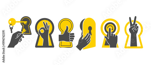 Keyhole Hand Gestures Icon Set, Flat Design Symbols Featuring Keys, OK, Thumbs Up, Touch and Peace Signs for Business Security and Access Control Concepts, Minimalist Vector Infographic Illustrations