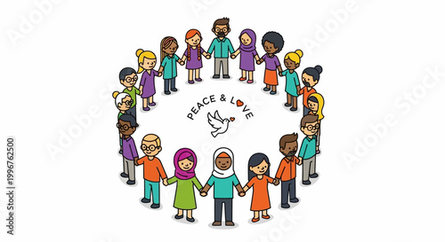 Diverse group of people from different cultures and ethnicities standing in a circle holding hands with peace and love symbol.
