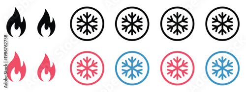 Snowflake and fire icon set, showcasing detailed hot and cold vector symbols in a clean modern style, perfect for seasonal design, temperature contrast concepts and climate themed graphics.