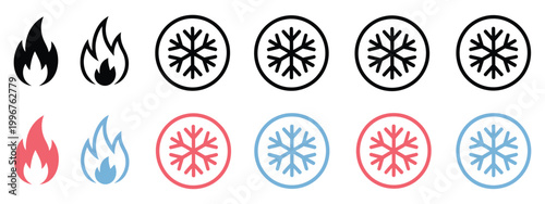 Snowflake and fire icon set with detailed hot and cold vector symbols in clean modern style, perfect for seasonal design temperature indicators climate graphics and contrasting weather elements.

