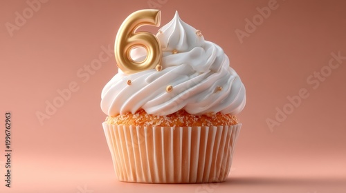 Sixth Birthday Cupcake with Golden Number and Whipped Cream