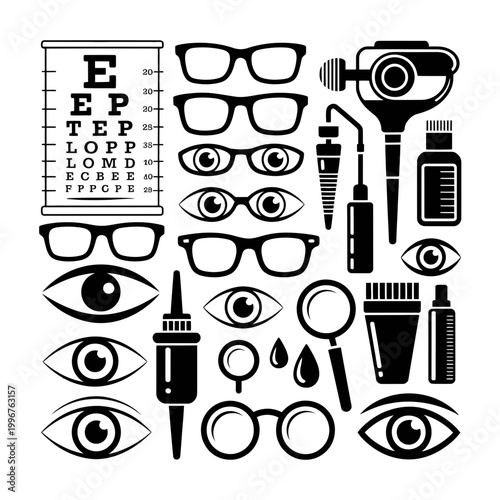 Eye care icon set including glasses and optometrist tools