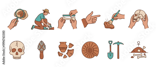 Archaeology and Paleontology Icon Set, Excavation Tools and Fossils Collection, Ancient History Exploration Symbols, Professional Scientific Research Equipment for Anthropological Study and Archaeolog