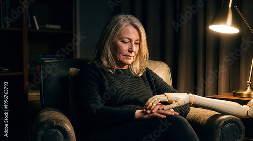 Mature woman sitting in armchair holding hands with robotic companion in dim living room