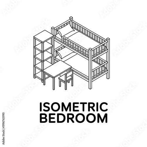 Isometric bedroom collection with bunk bed and desk