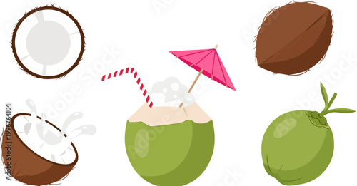 Tropical coconut fruit collection, green and brown coconut set with summer cocktail drink, exotic palm fruit vector illustrations for menu design