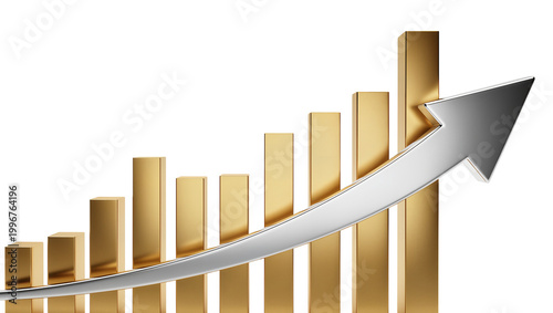 Fotografía Golden bar chart with silver arrow indicating upward trend, isolated on transpar