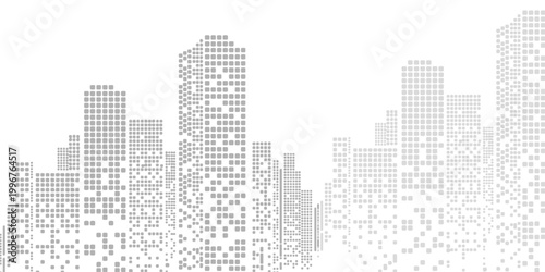 Modern smart city concept background with grey dotted building silhouettes.
